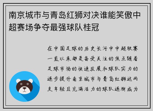 南京城市与青岛红狮对决谁能笑傲中超赛场争夺最强球队桂冠